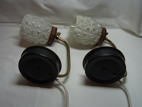 Pair Mid Century 60s Teak & Glass Shades Light Night Bed Side Lamps #< - Bild 10 von 11