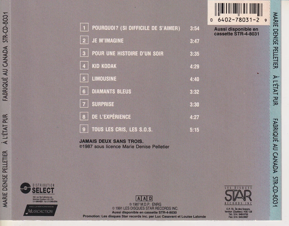 MARIE-DENISE PELLETIER A L'etat Pur (CD 1991) 1987 Album French Quebec Pop état - Image 2 of 2