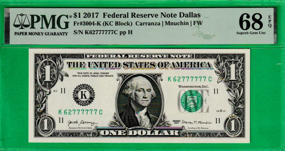 $1 Federal Reserve note FANCY LUCKY Serial # 62-777777 SUPER GEM PMG 68 EPQ - Image 2 of 3