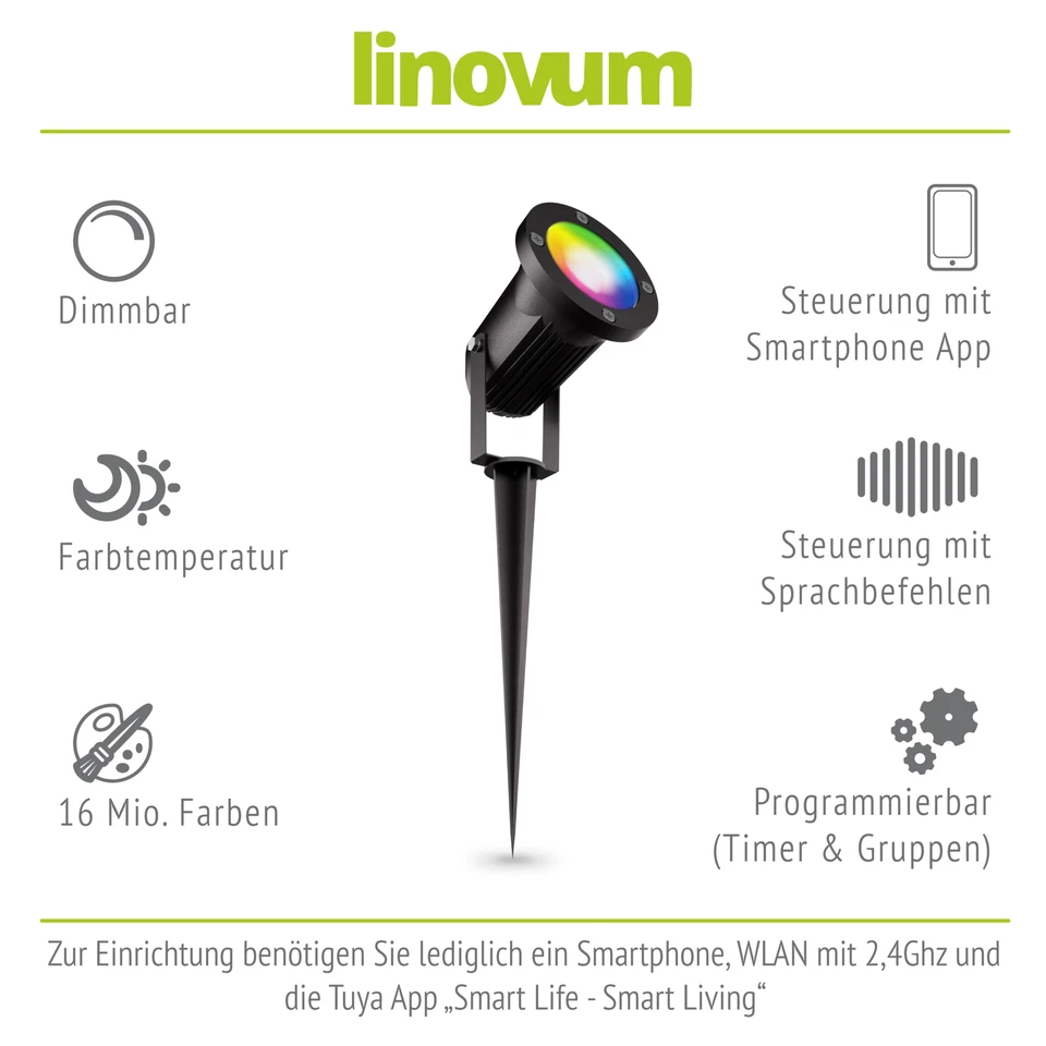 3er Set Strahler Erdspieß Gartenleuchte 2m Kabel IP65/IP44 Smart GU10 RGBW Alexa - Bild 4 von 4