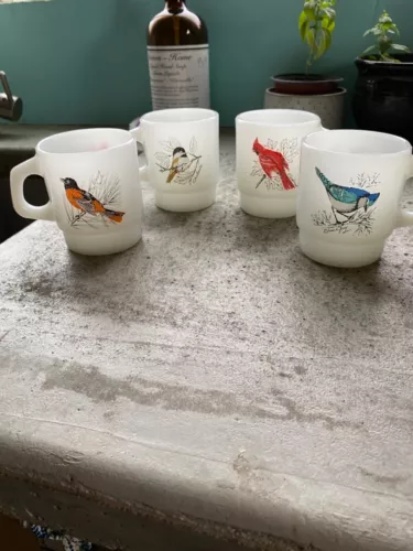 4 Vtg Stacking Anchor Hocking Fire King Coffee Mugs Song Birds Milk Glass USA