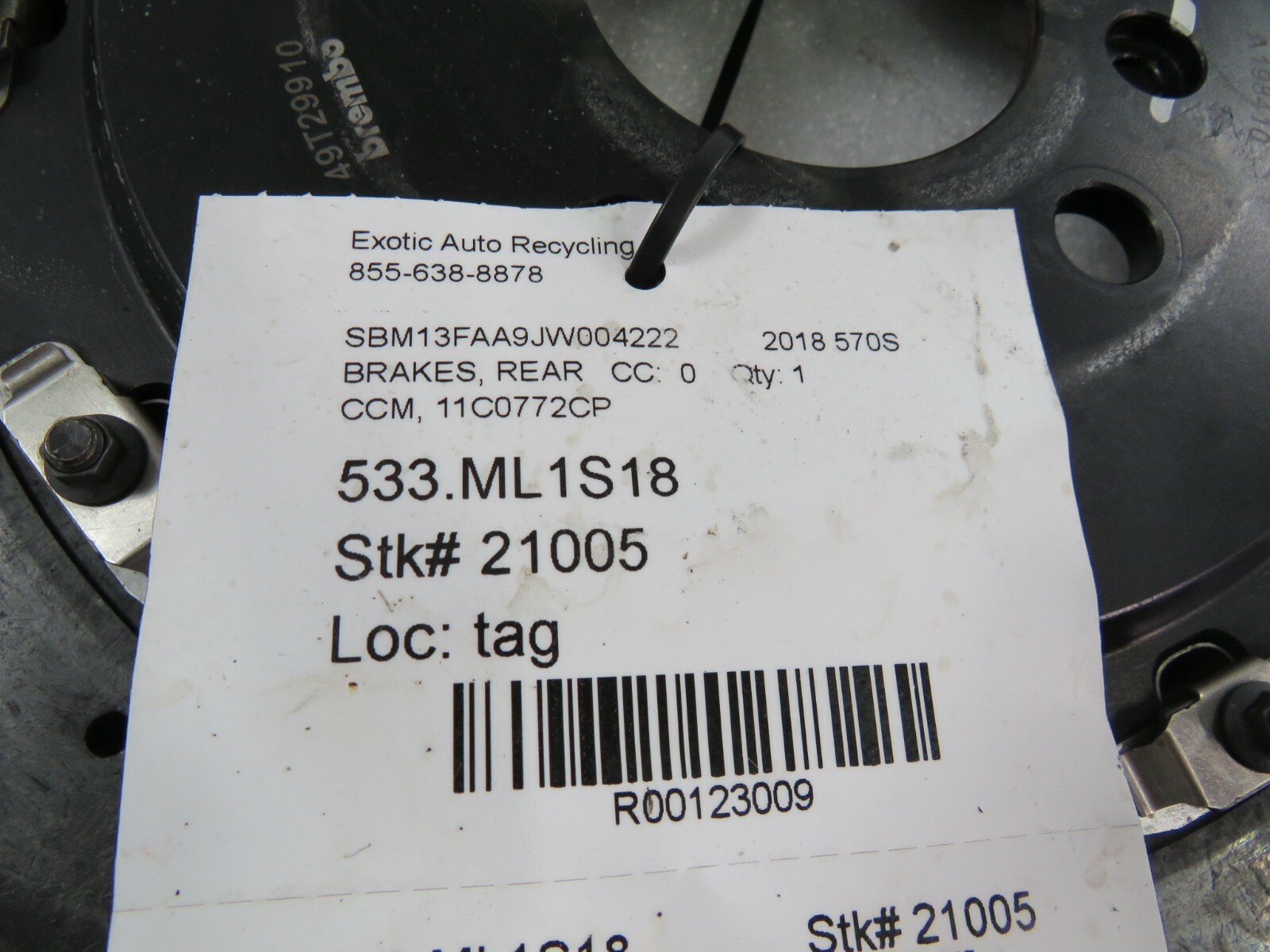 McLaren 570S, Rear Brake Rotor, CCM, Used, P/N 11C0772CP