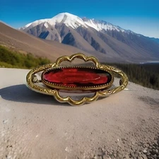 Antique Victorian Edwardian Ruby Red Open Back Oblong Art Glass Brooch