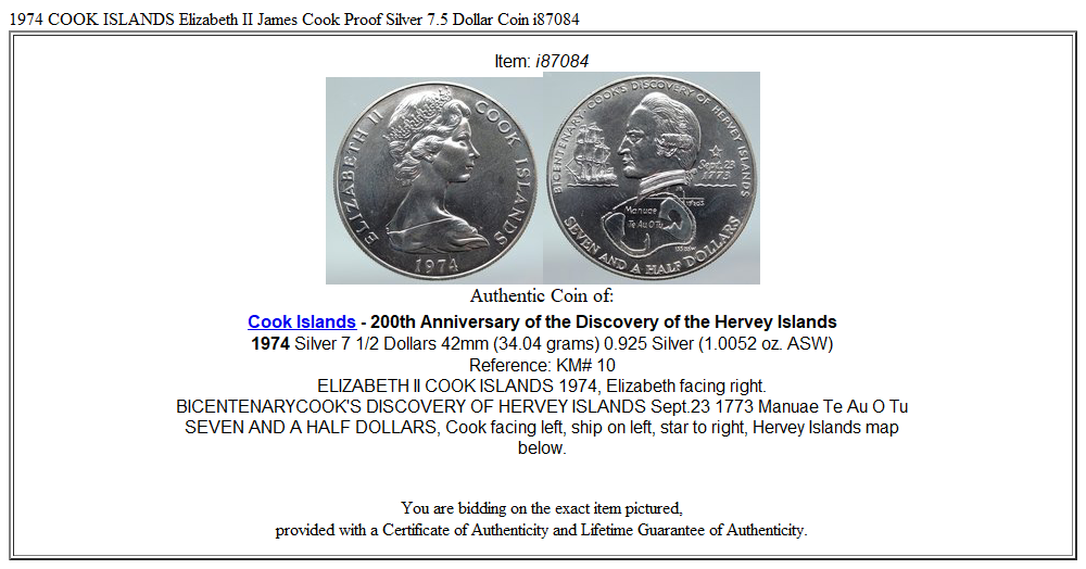 1974 COOK ISLANDS Elizabeth II James Cook Proof Silver 7.5 Dollar