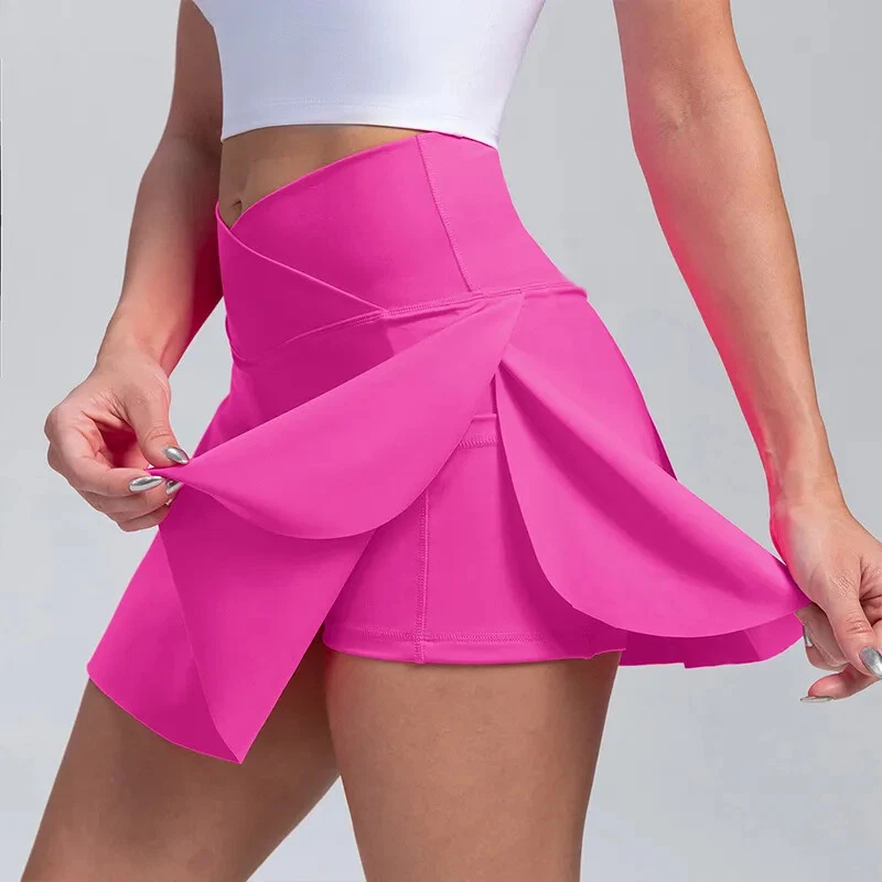 Pleated Tennis Skirt with Pockets Shorts Athletic Skirts Crossover High Waisted