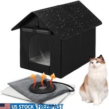 Heated Outdoor Cat Shelter W/ Insulated Pad Dual Exit Portable Kitty House New