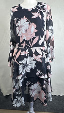Vince Camuto Floral Chiffon Tiered Dress Bell Sleeve Black Pink Flow