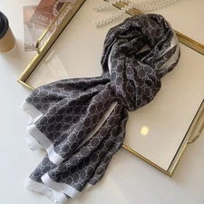 SCARF GUCCI 100% AUTHENTIC SILK LIGHT WEIGHT CLASSIC LOGO BLACK GREY BEIGE SHAWL