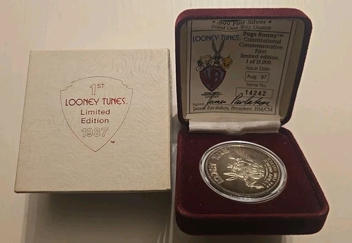 1987 Highland Mint 1oz Troy Silver Looney Tunes Ltd Ed Bugs Bunny TONED With COA