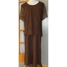 Vtg 80s JBS Ltd Layered Maxi Dress 24W Brown Polka Dots Chiffon Short Sleeve