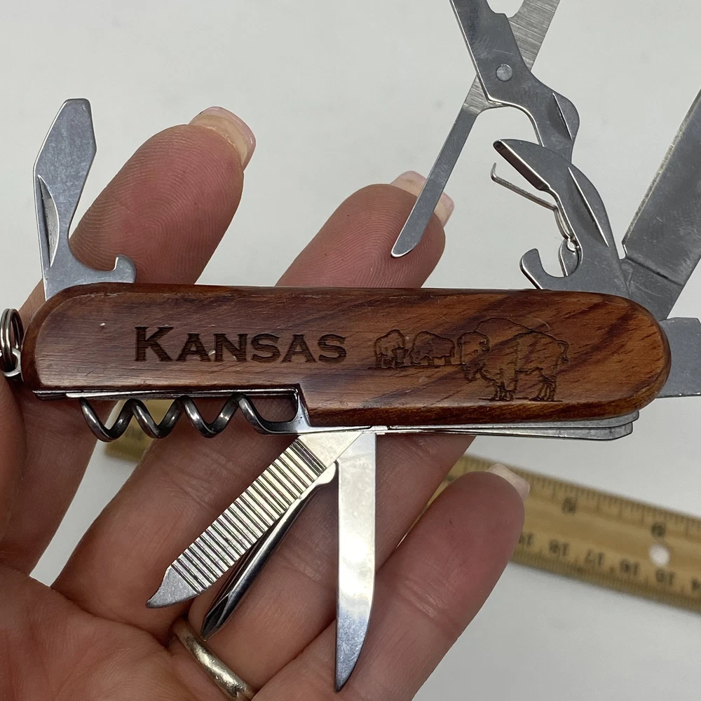 Multi-tool Pocket Knife Justin Kansas Buffalo Engraved On Wood Handle Souvenir
