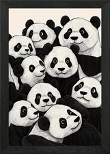 Pandas Party Black & White Framed Wall Art Poster Canvas Print Picture