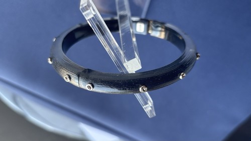 Alexis Bittar ~ Lucite & Rhinestone Hinged Bangle Bracelet ~ Black and Clear - Picture 4 of 7