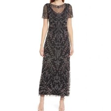 Pisarro Nights Beaded Short Sleeve A-Line Gown Sz 2 Black