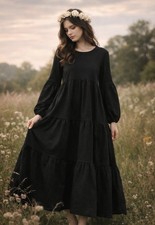 Black Tiered Maxi Dress Long Sleeve Babydoll Gothic Cottagecore Boho Large