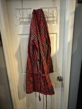 L.L.Bean Fleece Lined Plaid Robe Cotton Lounge House Coat Red Tartan Mens M VTG