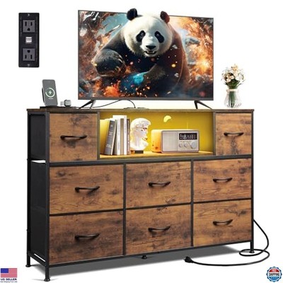 Dresser with Charging Station & LED Lights, 8 Drawer Chest for TV & Bedroom