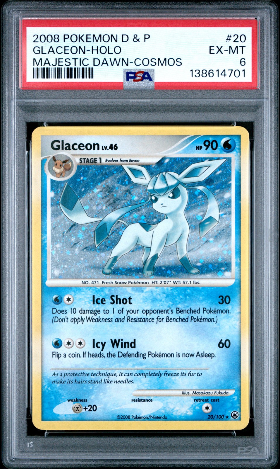 2008 POKEMON DIAMOND & PEARL MAJESTIC DAWN COSMOS #20 GLACEON-HOLO PSA 6