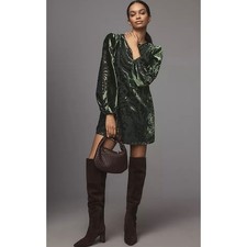 FARM Rio Anthropologie Dress Women XXS Green Crushed Velvet Long Sleeve Mini