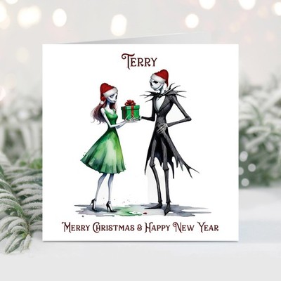 Personalisierte rot + schwarz Nightmare Before Christmas Weihnachtskarten