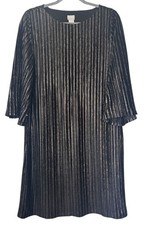 Chicos Sz 1 (8) Striped Velvet Shift Dress Lined Gold Metallic Black Holiday