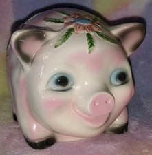 Vintage Floral Pig Piggy Bank with Stopper Floral Blue Green Pink 5.75" Tall