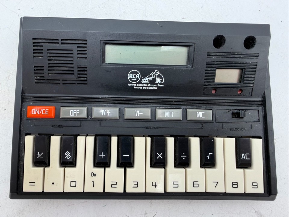 A retro RCA-branded calculator-piano hybrid is the kind of delightfully weird desk artifact that sparks instant conversation — part novelty instrument, part vintage tech curiosity.