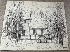 Vtg '83 Johanna Haas Sketch On Paper Black Ink "Our House Up North" Signed