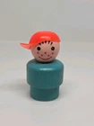 Vintage Fisher Price little people wood turquoise boy w/red cap Snowmobile 705