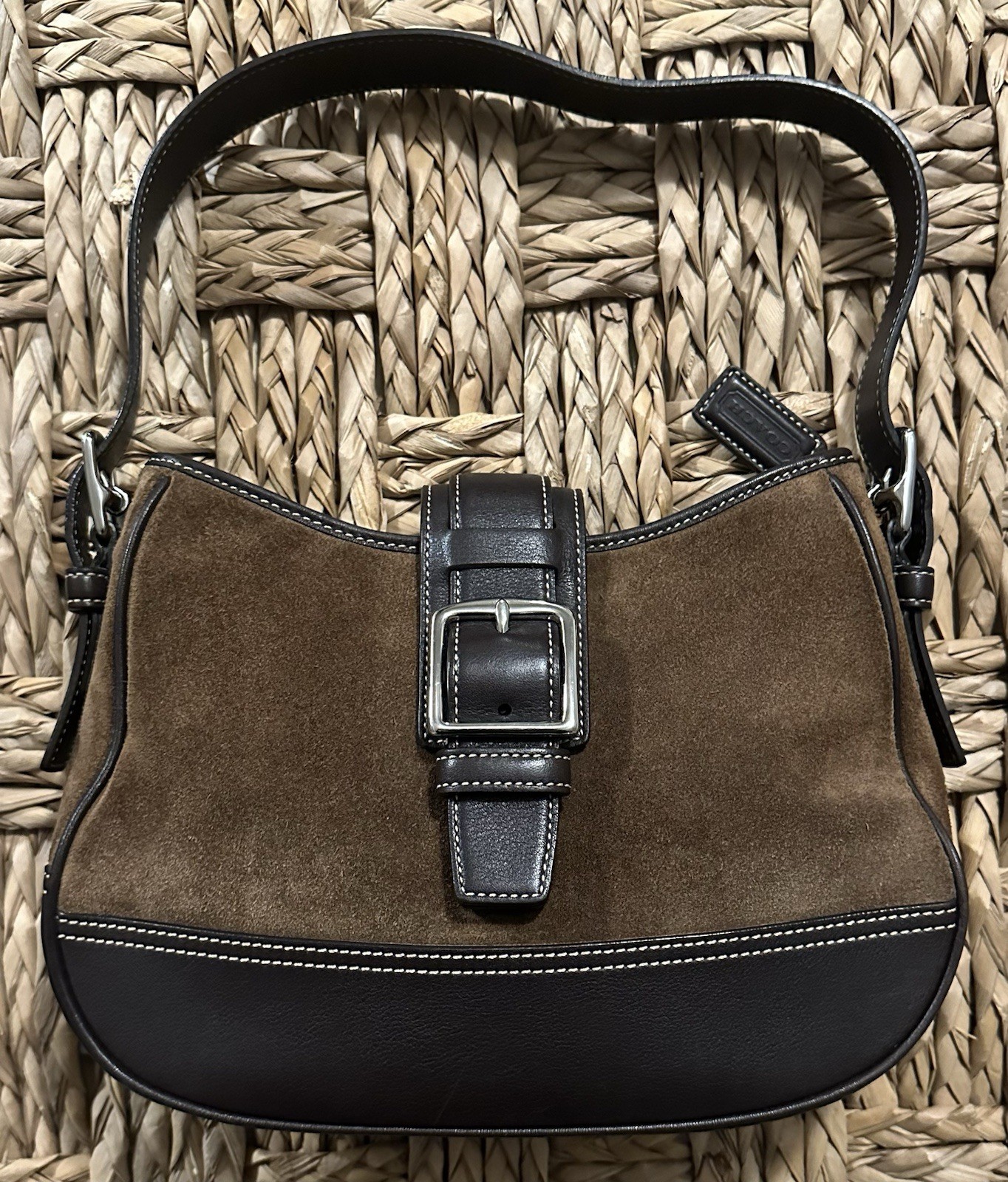 Vintage COACH 7589 Brown Hampton Suede Leather Hobo Shoulder Bag With Buckle