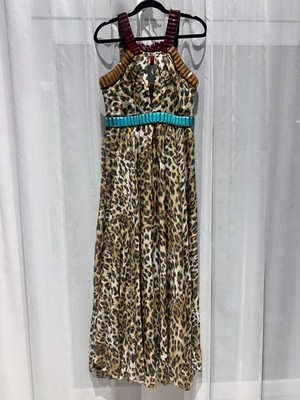 GIZIA Luxus Maxi Kleid Leopard Print Türkis Steine Seiden-Optik NEU