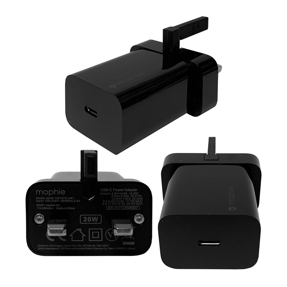 Mophie 20W USB-C Schnellladeadapter UK-Netzstecker Schwarz Ladegerät Nur - Bild 2 von 4