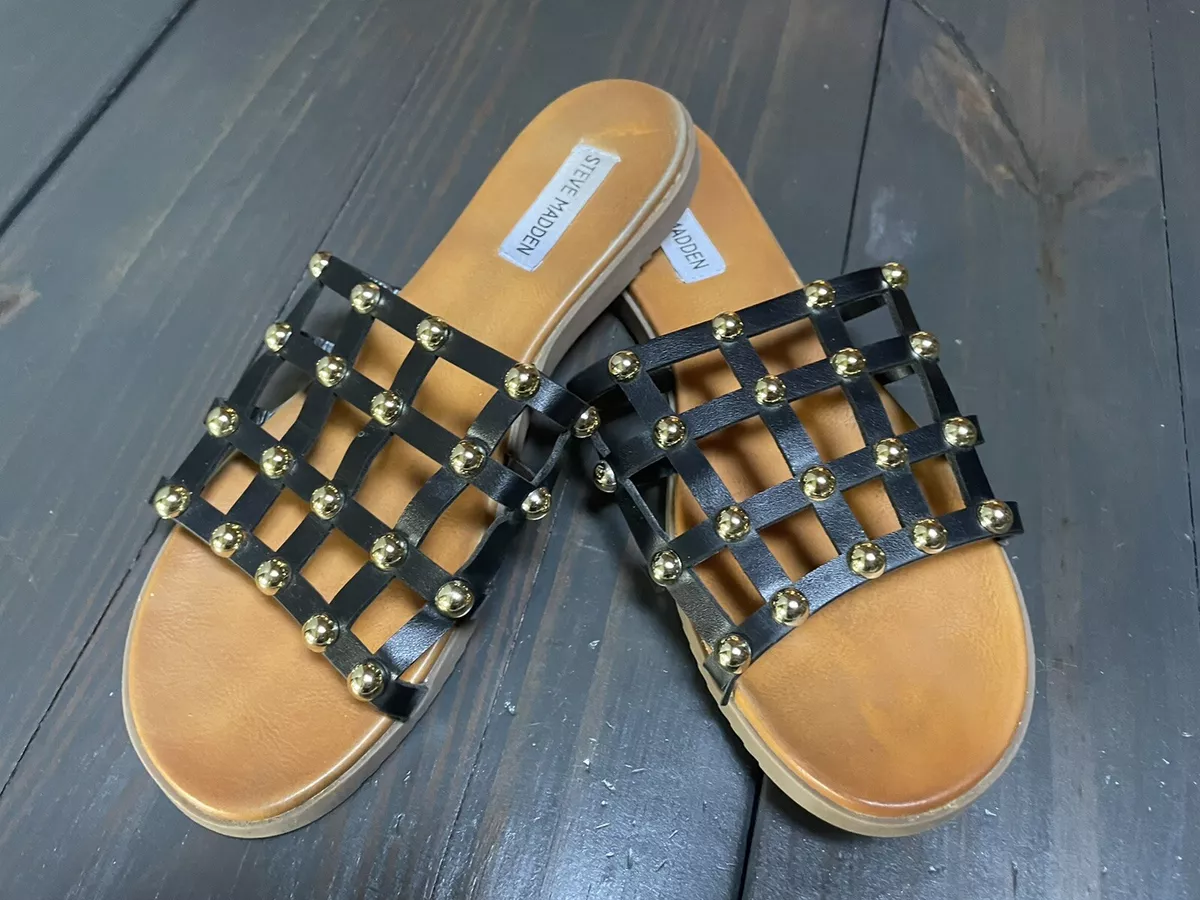 STEVE MADDEN Black Gold Tone Studded Slides Sandals Women s size 9