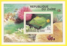 1980 ORANGE STRIPED TRIGGERFISH STAMP ZAIRE MARINE LIFE CORAL SEA ANEMONE MNH