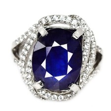 925 STERLING SILVER RING GENUINE BLUE SAPPHIRE OVAL 14X11 MM. WHITE CZ SIZE 7