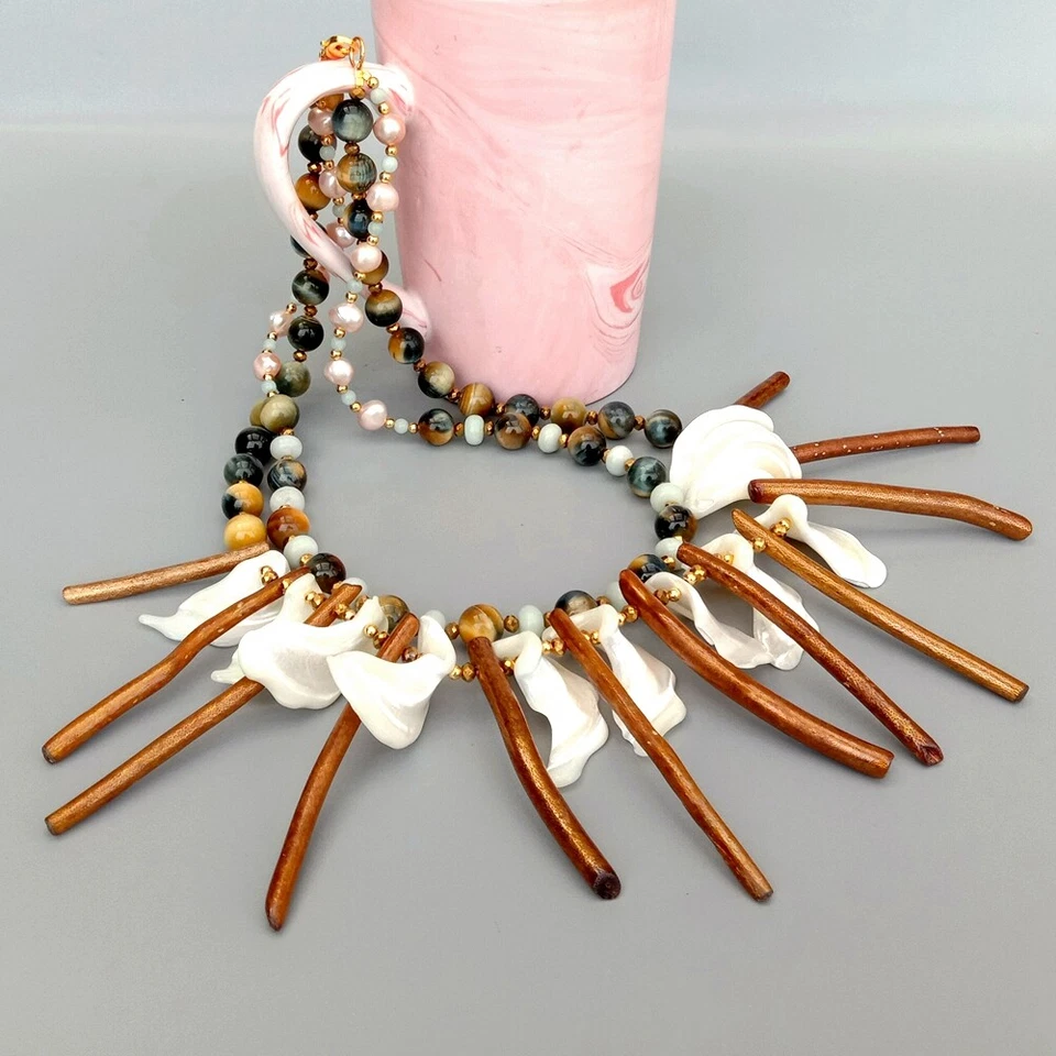 Colar roxo barroco pérola olho de tigre concha branca ouro coral 20" - Imagem 4 de 4