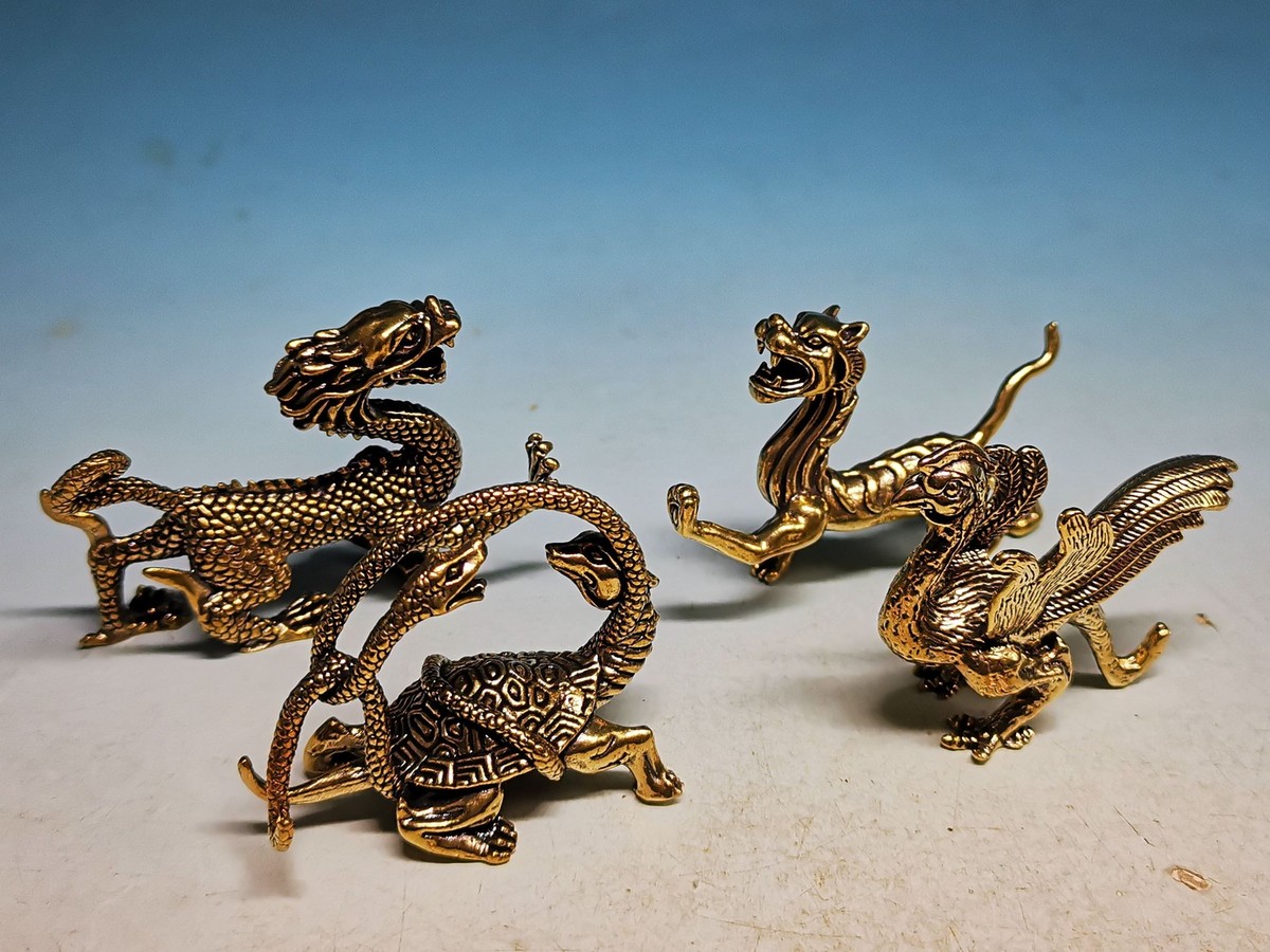 A SET 4 PCS Exquisite Tibetan Miao Copper Four Mythical Animals