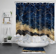 Gold Abstract Marble on Black and White Shower Curtain Set for Bathroom Decor