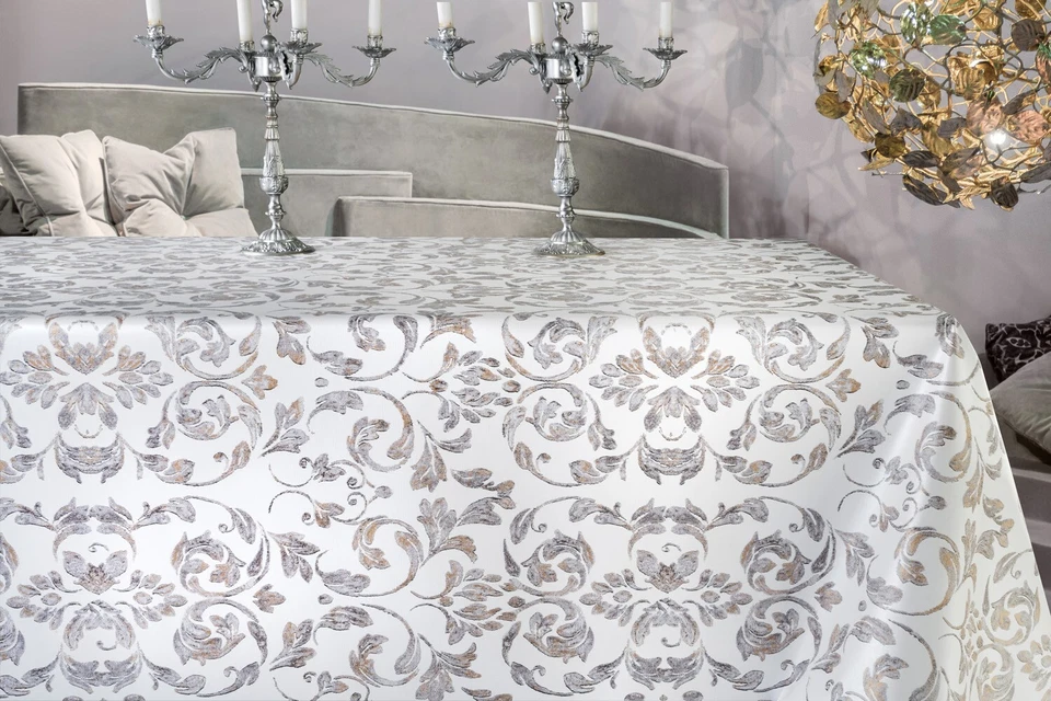 Wachstuchtischdecke "Livia" Ranken Barock grau weiß gold PVC 1,4m Br. Meterware - Bild 2 von 3