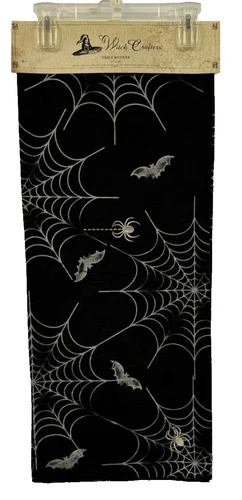WITCH CRAFTERS 14 X 72 HALLOWEEN TABLE RUNNER EMBROIDERED SPIDERS WEBS BATS 