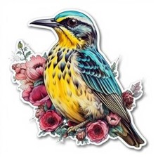 North Dakota Western Meadowlark bird Wild Prairie Rose flower Vinyl Decal Stick
