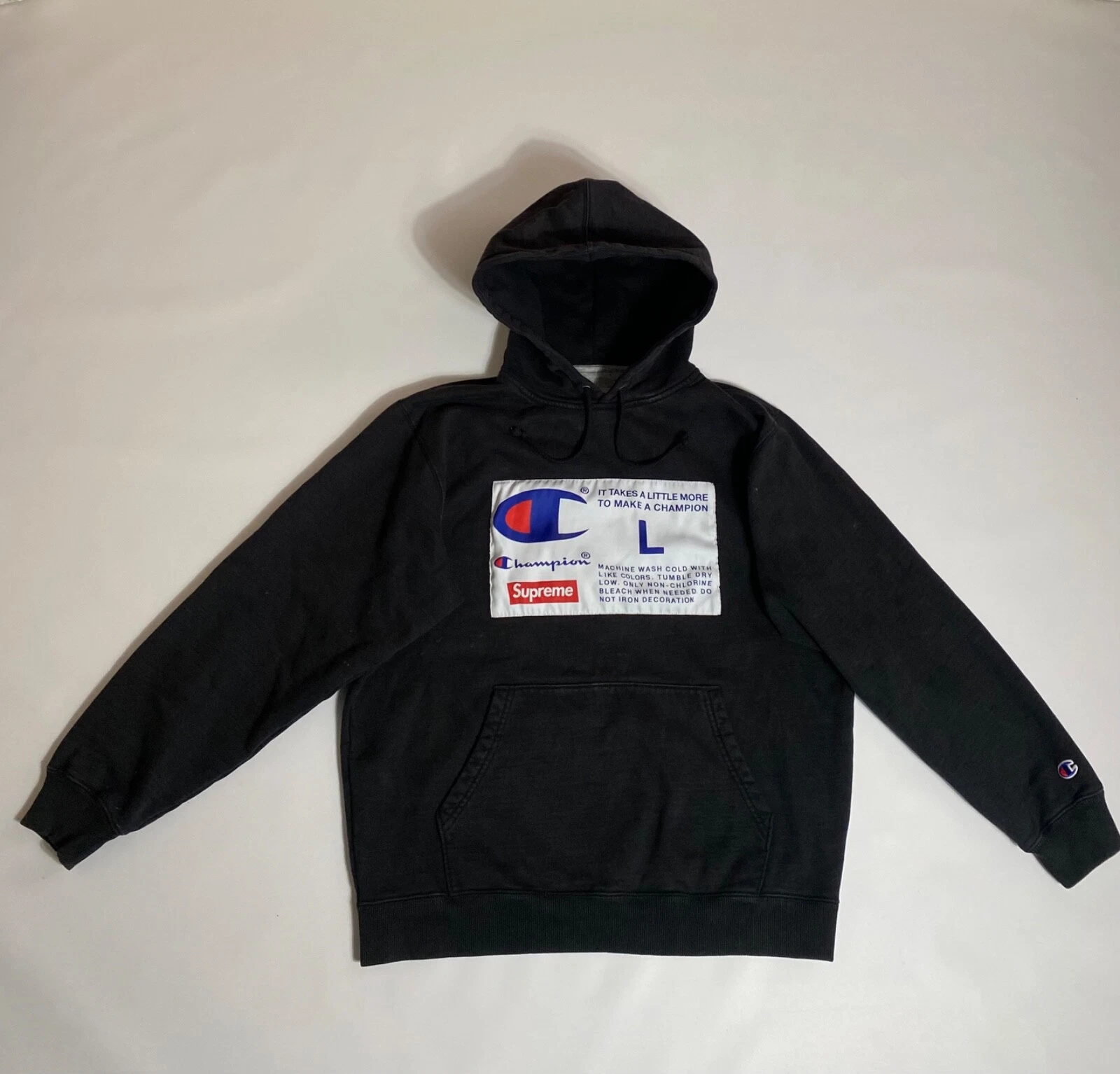 Sweat à capuche Supreme x Champion grand logo noir rare taille L