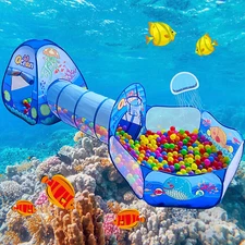 3 in 1 Play Tent with Tunnel, Ball Pit, Basketball Hoop Gift for Kids (3 Tents)