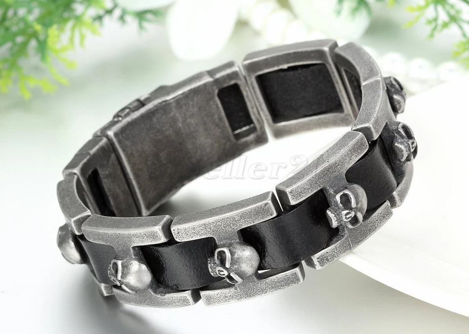 Brazalete brazalete de motociclista de cuero genuino negro calavera de acero inoxidable pesado de 19 mm para hombre Foto 3 de 4