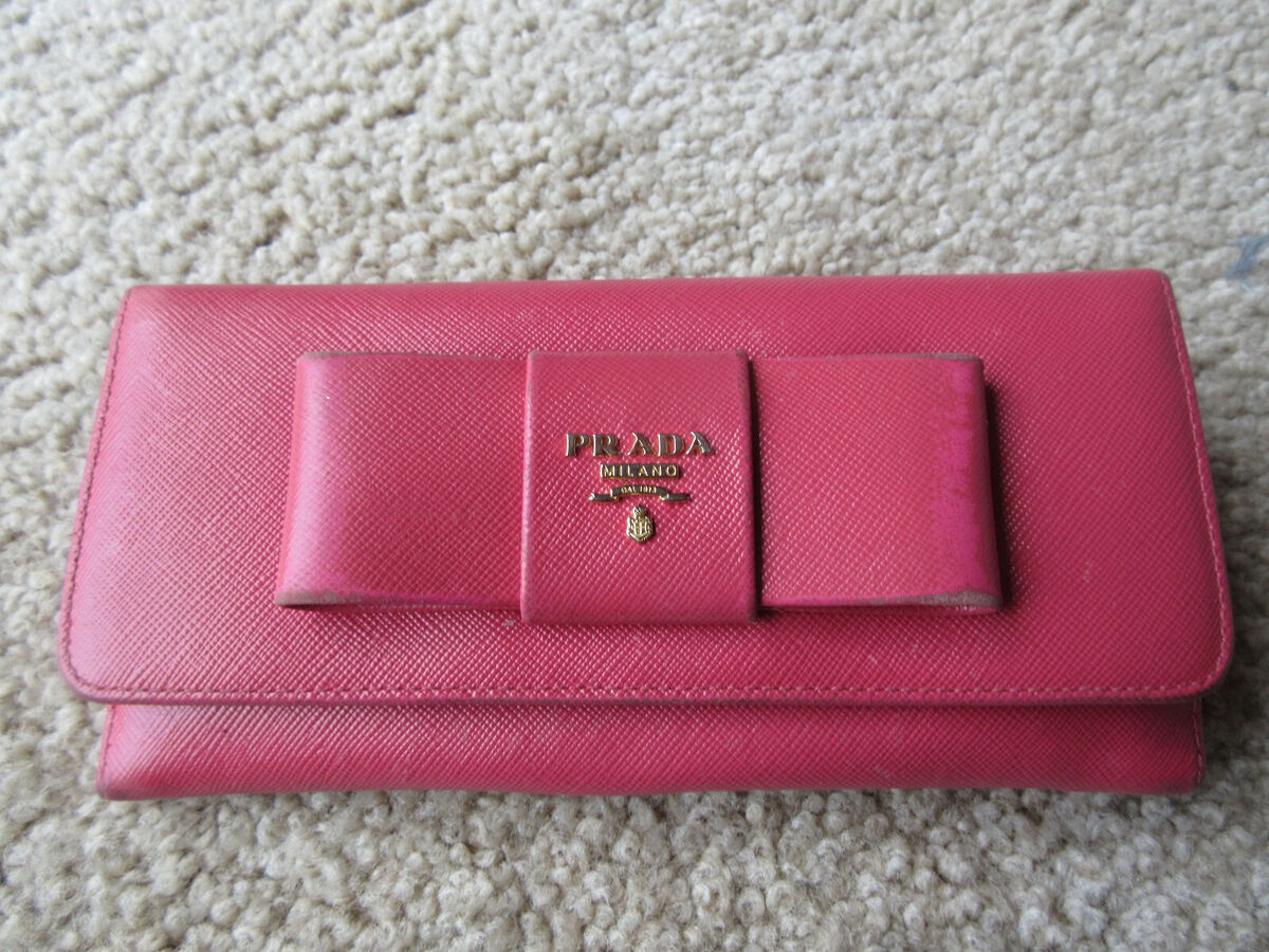 Prada Saffiano Fiocco Pink Peonia Ribbon Bifold Wallet - Read Description