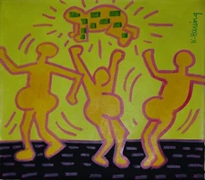 Keith Haring Signed Pop Art Oil Painting on Canvas Iconic Street Art