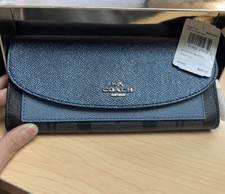 Coach Slim Continental Wallet Color Block Monogram Blue Smoke Metallic
