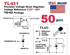 50pcs TL431 Precision Shunt Voltage Regulator, V-REF 2.5V ~ 36V TO-92 - USA SHIP