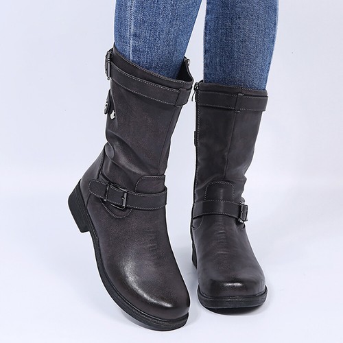 Mujer Botas Biker Equitación Mitad de Cremallera Tacón Bajo Punta Redonda Informales Zapatos | eBay