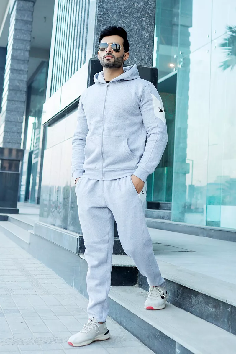 NEXTAGE Mens Full Tracksuit Set Grey Marl Arrowing Logo Hoodie Top Jogger Set